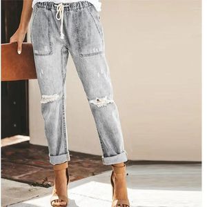 Women's Jeans Autumn Drawstring Elastic Waist Denim Fashion Loose Washed Pocket Trousers Casual Distressed Straight Pencil Pants 30211