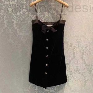 Basic Casual Dresses Designermarke Miu Bow Strap Dress, Black Velvet Vielseitiger Taillenwickel Herbst 2023 Damen 4NC2