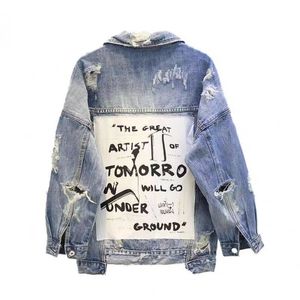 سترات نسائية Rugod New Vintage Print Frayed Jean Jacket Women Autumn Winter Winter Hole Denim Coat Female Bomber Casaco