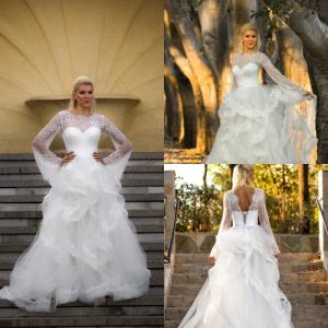 Vestidos de casamento vintage manga longa rendas babados saias em camadas até o chão vestidos de noiva praia boêmio robe de