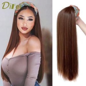 Bit difei syntetiska pannband peruker långa raka naturliga brun svart peruk passar huvudvärmebeständigt falskt hår för vita/svarta kvinnor