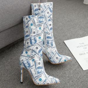 Boots Sexy Boots Dollar Boots Women Money Printed Autumn Mid Tube Boot Leather Fashion Show Lady High Heel Stiletto Heels Woman Shoes