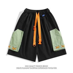 Herrshorts Bandage Workwear Shorts Hong Kong Style Casual Youth Half Pants Cityboy Mens Basketball Capris Japanese Street Clothing Merchandise Pants J240322