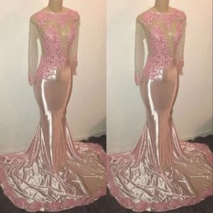 Long Sleeves Elegant Crew Appliques Prom Party Dresses Pink Mermaid Sweep Train Evening Gowns Custom Made