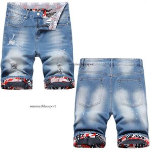 2023 Summer Thin Wear and Tear Men's 5-point Denim Shorts Fashion Trend Straight Mid Rise Pants