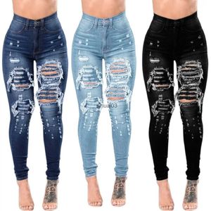 Women's Jeans 2022 New Womens High Waist Tear Jeans Fashionable Elastic Slim Fit Hip Boosting Denim Pencil Pants Casual Womens Trousers S-3XL Straight BoatL2403