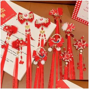 Hair Accessories Girls Year Red Bow P Ball Hairpin Cute Children Bowknot Ribbon Headwear Princess Forehead Chain Tang Suit Clip Drop D Otkob