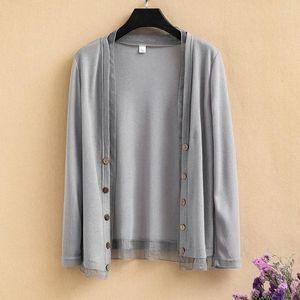 Women's Knits Summer Plus Size Thin Light Knitted Cardigan Women Long Sleeve Top Chiffon Knitwear 3xl 4xl 5xl Girls Button Sweater Gray