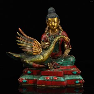 Decorative Figurines 9"Tibetan Temple Collection Old Bronze Outline In Gold Mosaic Gem Brahma Swan God Of Creation Worship Buddha Town House