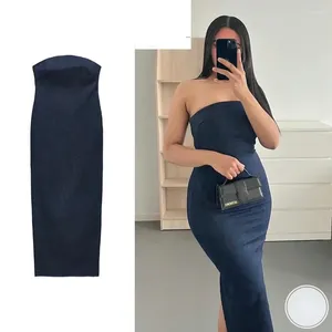 Casual Dresses Solid Vintage Off Shoulder Dress 2024 Women's Denim Strapless Backless Split Lady Tube Corset Side