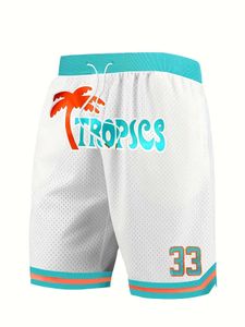 Men's Shorts Mens 33 basketball shorts white mesh coconut tree embroidery mens quick drying and breathable sports shorts track and field shorts J240322