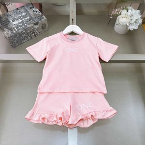 Brand baby clothes lovely pink Short sleeve set kids tracksuits Size 100-140 CM Summer two-piece set girls t shirt and Ruffle shorts 24Mar