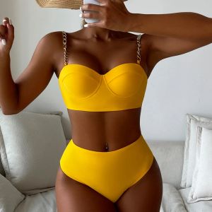 7 색 High Waist Bikini 세트 패딩 하드 랩 체인 어깨 끈 여성 형광성 녹색/검은 색/밝은 오렌지