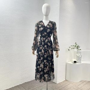 Casual Dresses WorldCloset Black Peony Blommor Skriv ut långärmad bälte Wrap Midi Dress for Woman Clothes High Quality