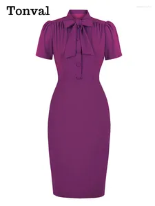 Party Dresses Tonval Knot Tie Neck Button Up Purple Vintage 50s Wiggle Dress Women Elegant Short Sleeve Bodycon Solid Summer