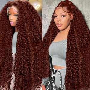 30 34 Inch Reddish Brown Deep Wave Frontal Wig 13x6 HD Lace Frontal Wig Colored Curly 13x4 Lace Front Human Hair Wigs for Women