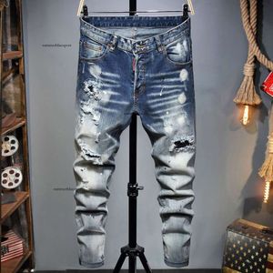 Personliga mäns jeans med elastisk snäv passform, mitten av midjan, rivna hål, denimgradient tvättade byxor