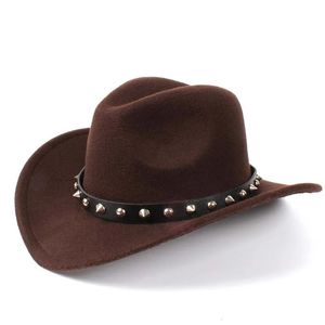 Vintage Gothic Rivet Leahther Band Wool Felt Adult Kid Child Casual Wide Brim Cowboy Western Hat Cowgirl Cap 545761cm 240311