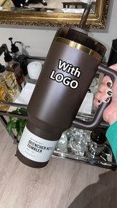 초콜릿 골드 40oz 텀블러 H2.0 머그잔 핸들 절연 텀블러 뚜껑 밀짚 스테인리스 스틸 커피 용어 컵 컵 컵 제 1 : 1 로고 준비 준비