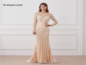 Luxury Long Sleeve Mermaid aftonklänning Champagne Bling Bling Arab Dubai Fullt Crystal Beading Prom Party Gowns7936326