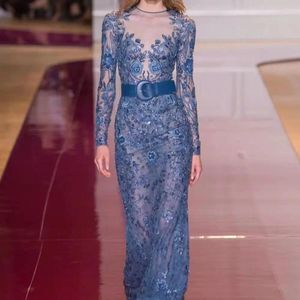 Parti Elbiseleri Uzun Kollu Dantel Aplike Boncuklu Mavi Balo Elbise Yuvarlak Boyun Kemer Tasarım Kızları Düğün Töreni Resmi Durum