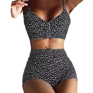 Damen-Badebekleidung, Sommer, eng anliegendes Bikini-Set, lässig, Retro-Blumendruck, hohe Taille, Badehose, Hosenträger, Kordelzug, Damen-Badeanzüge