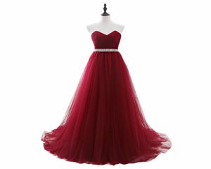 Cheap Long Tulle Burgundy Prom Dresses with Sequin Beaded Belt Strapless Corset Evening Gowns Lace up Back Senior Formal Party Dre1528338
