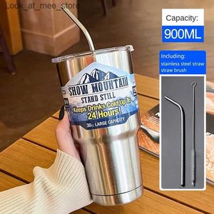 Mugs 900ml hot cup portable 304 stainless steel coffee cup hot leak bottle with straw insulated water bottle Q240322