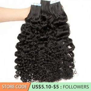 Extensões fita adesiva de onda de água em extensões de cabelo humano Remy Curly Skin Wet Fita em extensões de cabelo #1B Natura