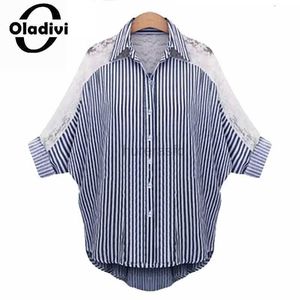 Women's T-Shirt Oladivi Large Womens Batwing Sleeves Striped Lace Shirt 2023 Summer Extra Large Shirt Womens Top Tunics Blusas 6XL 6035 240323