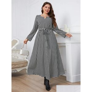 Abiti taglie forti Abito da donna elegante e splendido con colletto a V Manica lunga Abiti stampati con uccelli Cintura Autunno Inverno Maxi Drop Otjyf