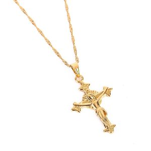 Högkvalitativ Jesus Head Cross Halsband Guldfärg 22K Charm Pendant For Women Men Jewelry Factory hela juvel Crucifix God230Q