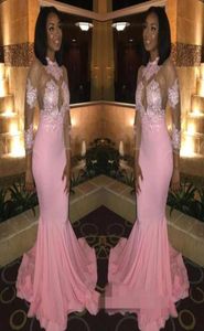 2019 Ny specialanpassad Pink Prom Dresses Jewel Neck Illusion 34 Spets långa ärmar Ruffles Sweep Train Mermaid Evening Special Occas2943345
