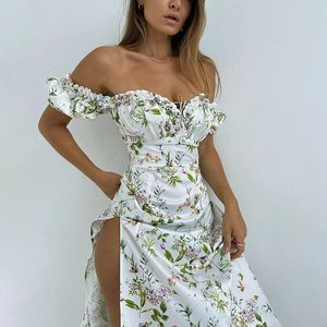 Summer Floral Off Shoulder Puff Sleeve Maxi Dress For Woman Robe Sexy Lace Up Side Split Chic MidCalf Aesthetic DressQY21251KJ 240308