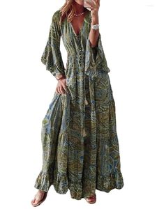 Casual Dresses Women Bohemian Off Shoulder Dress Long Sleeve Square Neck Floral Ruffle Swing a Line Beach Maxi