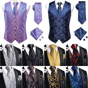 Herrenwesten Hochzeit Lila Seide Männer Weste Paisley Slim Fit Krawatte Taschentuch Manschettenknöpfe Sets Männliche ärmellose Weste mit V-Ausschnitt Party Hi-Tie