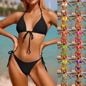 Damen-Bademode, sexy Micro-Bikini-Sets, zweiteilige Badeanzüge, einfarbig, Neckholder, Push-Up, Sommer-Badeanzug, brasilianische Strandmode