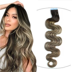 Extensions T2 6/60 Body Wave Remy Tape In Human Hair Extensions Balayage Dark Brown To Chestnut Brown And Platinum Blonde 20Pcs 1226Inch