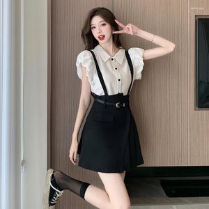 Abiti da lavoro Mini abito nero sexy Abito a due pezzi Camicia estiva coreana moda casual con colletto rovesciato Abiti con cinturino sottile