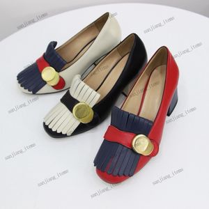 Women's Fringe Marmont loafer Sandals Mid Chunky Block Heels Pump Dress Shoes Interlocking G Lamb Leather Kiltie Pumps Metal Gold Chain Buckle Casual Mules Slides