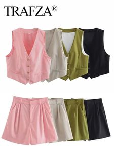 TRAFZA Womens Linen Solid Color Vintage Vest Set Button V Neck Top Chic Zipper Elegant Slim Skirt 2piece 240312