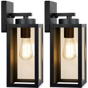 Outdoor Light Fixtures, Exterior Waterproof Lanterns, Porch Sconces Mounted Lighting with E26 Sockets & Glass Shades, Modern Matte Black Wall Lamps for