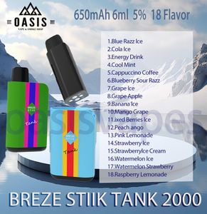 BREZE STIIK TANK 2000 PUFFS TAGERTTES使い捨て蒸気ペン2％5％交換可能なポッド6ML 18Colors 650MAHバッテリー気化器蒸気装置
