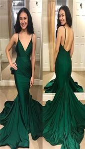 Elegancka długość podłogi Szmaragd zielona syrenka Sukienka balowa Vneck Satin Backless Długie sukienki balowe sukienki imprezowe1497682