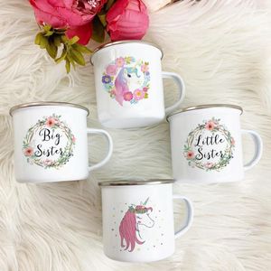 Mugs Pink Cartoon Print Enamel Coffee Tea Big Sister Little Holiday Gifts With Handle Cups Home Drinks Kitchen Drinkware