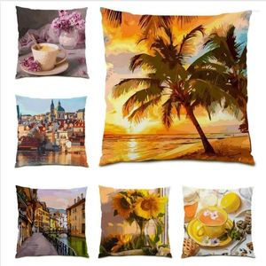 Pillow Oil Painting Coconut Tree Throw Covers Velvet Scenic City Print Living Room Decoration Cover 45x45 Bed 2024 E1156