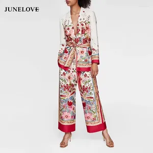 Pantaloni a due pezzi da donna JuneLove Donna Autunno Manica lunga Stampa Blazer Giacche Abiti floreali vintage da donna Casual Street Office Lady Sets