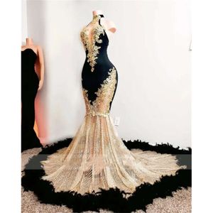 Girls Mermaid Black Prom Dresses Satin Beading Sequined High Neck Feathers Skirt Evening Party Formal Gowns BC