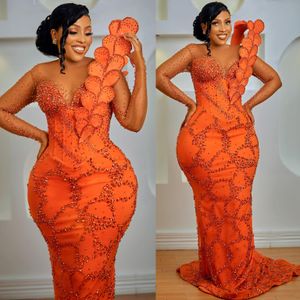 2024 ASO EBI Orange Floral Mermaid Prom Dress Beaded Crystals Evening Formal Party Second Reception 50th Birthday Engagement Gowns Dresses Robe de Soiree ZJ44