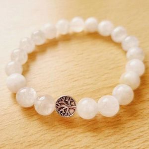 MG2084 Neues Design 8 mm weißer Monnstone Baum des Lebens Charm-Armband Damen handgefertigter Yoga Mala Handgelenkschmuck